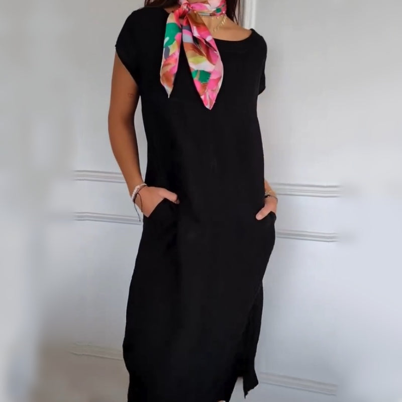 Round Neck Solid Color Cotton Linen Pocket Dress