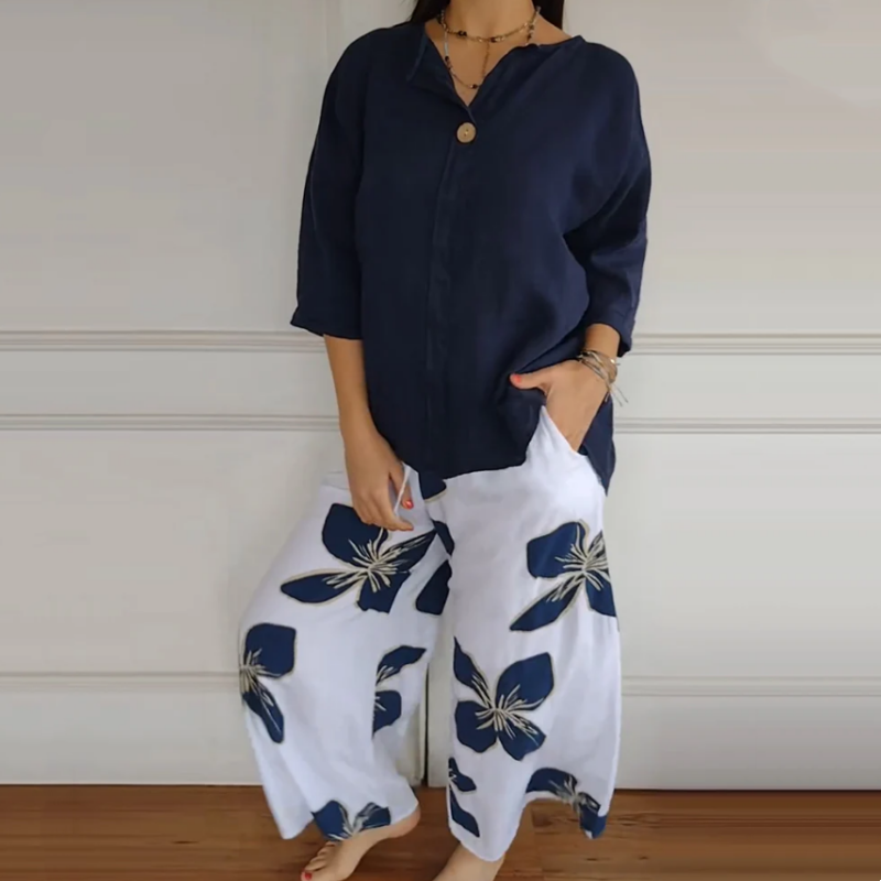 Women's V-Neck Cotton And Linen Button Top