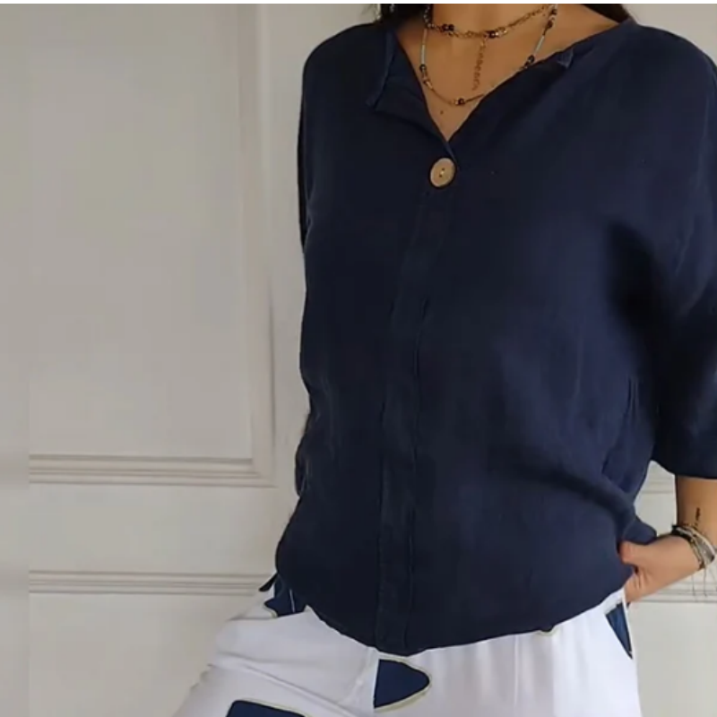 Women's V-Neck Cotton And Linen Button Top