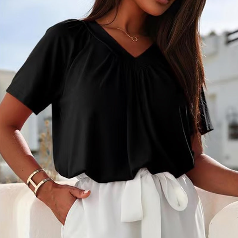 V-Neck Casual Pleated Ruffle Sleeve T-Shirt