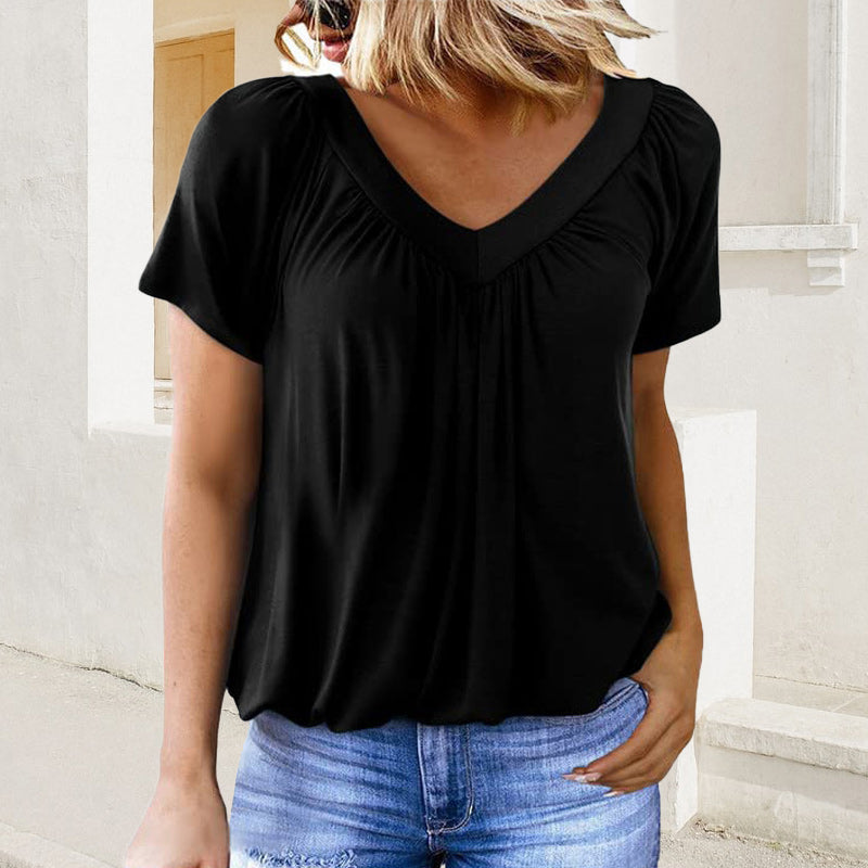 V-Neck Casual Pleated Ruffle Sleeve T-Shirt