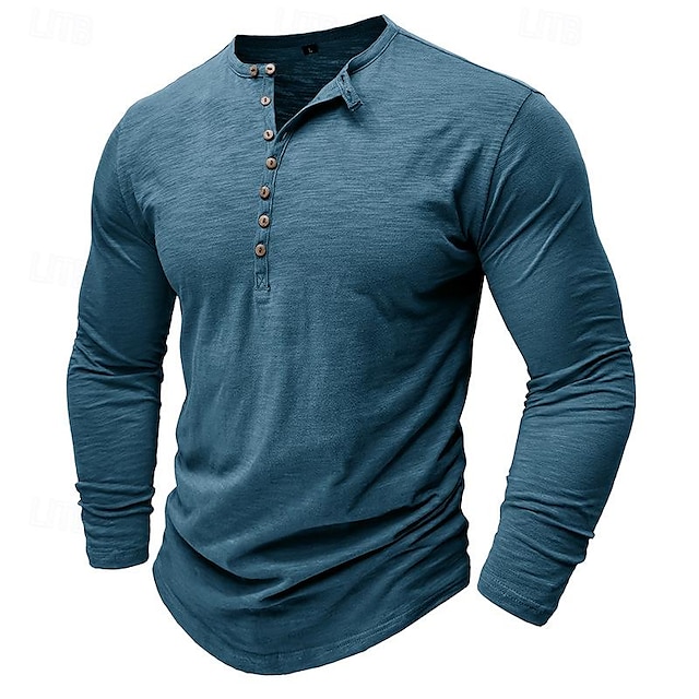 Men's Henley Long Sleeve Solid Color Button Shirt