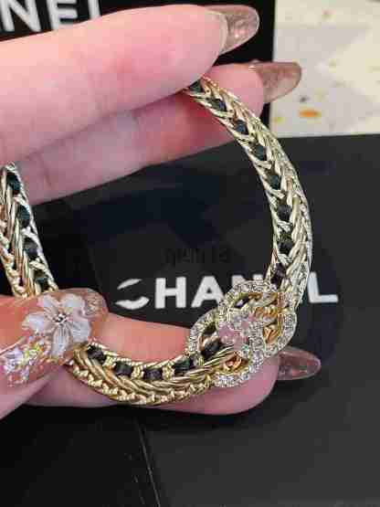 Black leather chain double C stirrup bracelet
