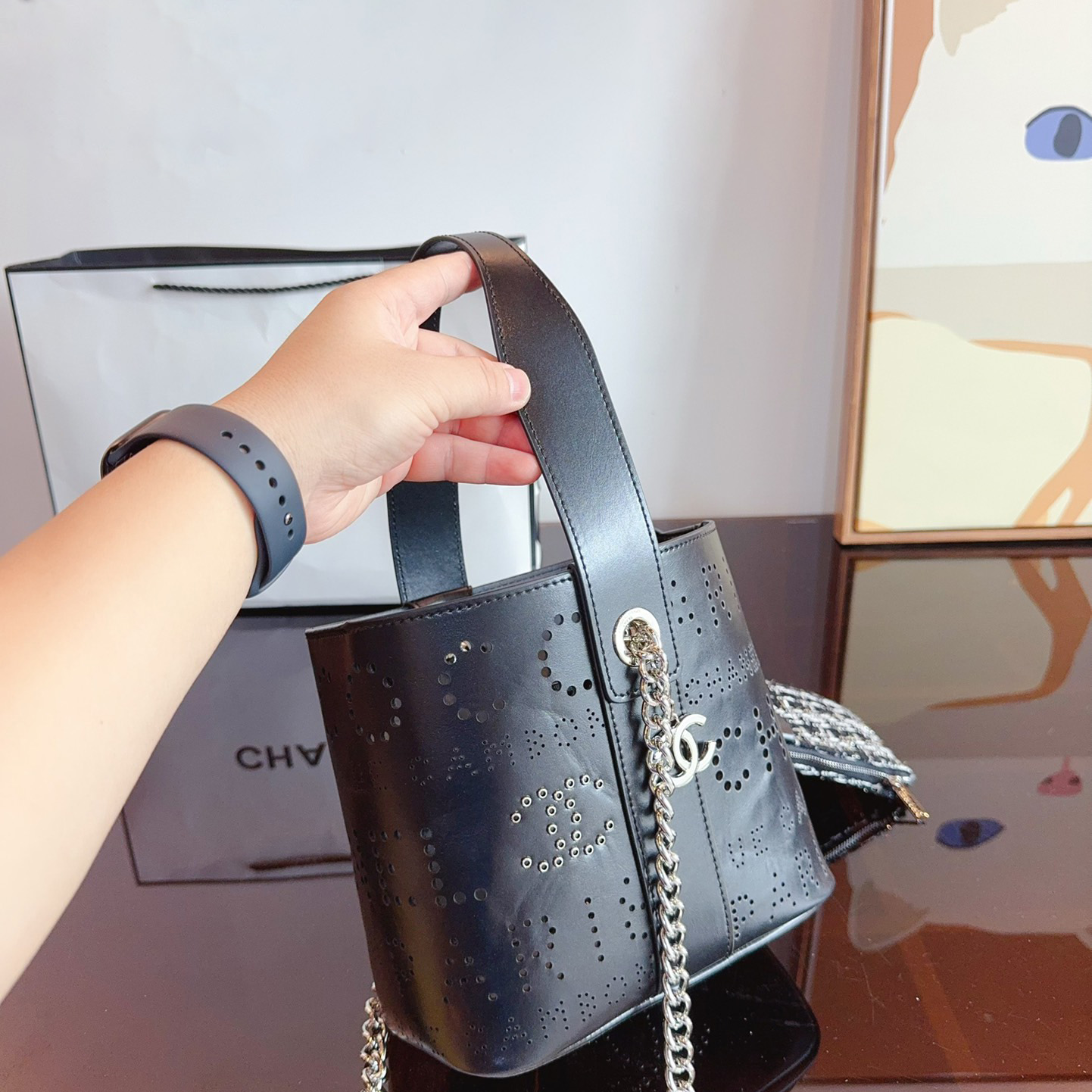 Calfskin Tweed Small Piercing Light Bucket Bag