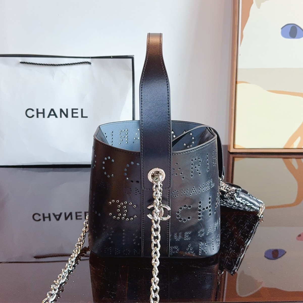 Calfskin Tweed Small Piercing Light Bucket Bag