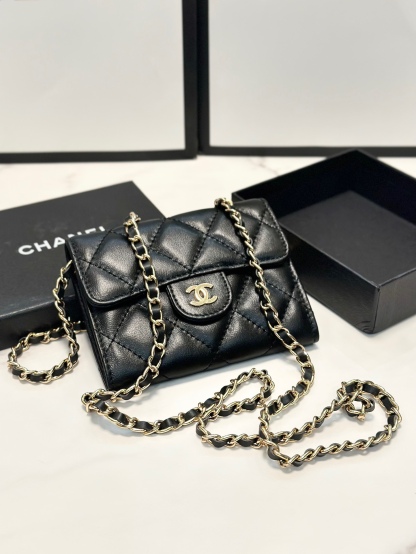 Classic Flap Chain Card Wallet Gold Metal Black