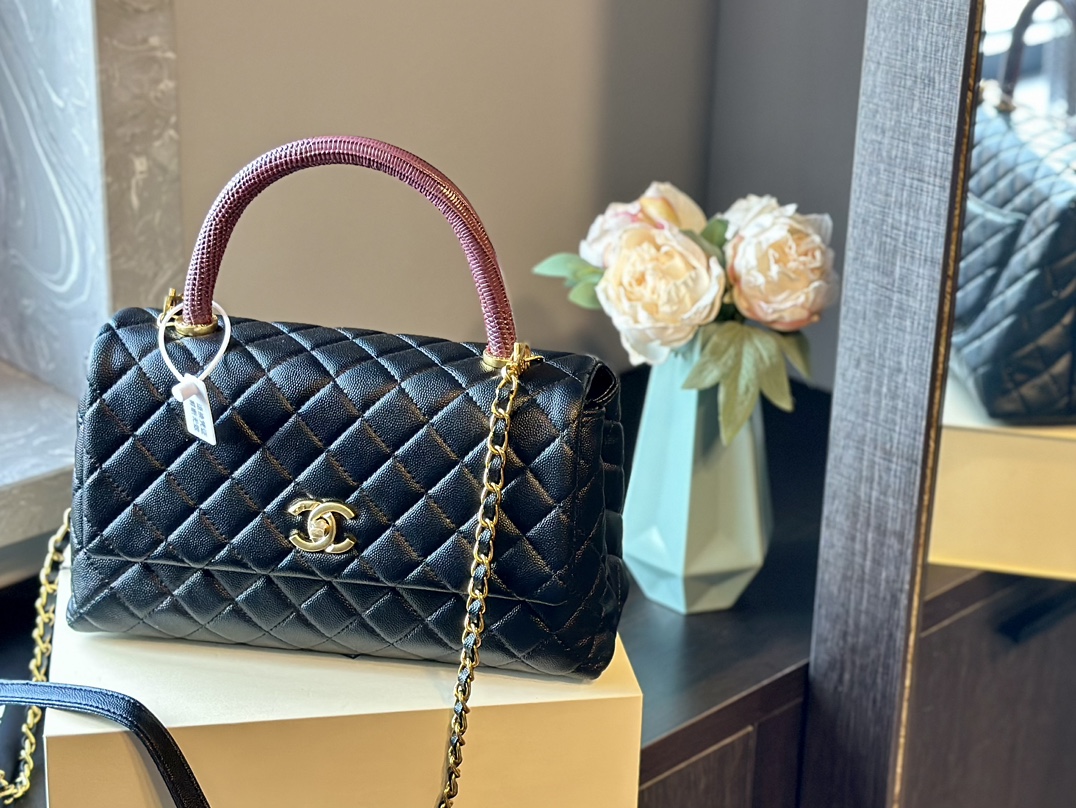 Caviar Lizard Embossed Quilted Small Coco Handle Flap