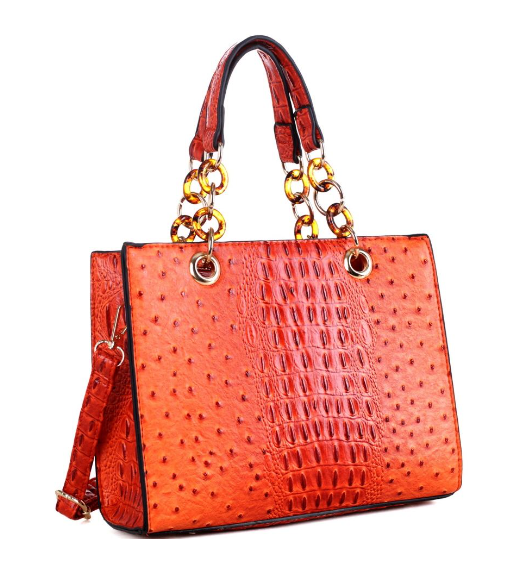 Ostrich Print Linked Chain Accent Strap 2 Way PU Leather Medium Satchel Purse 519742