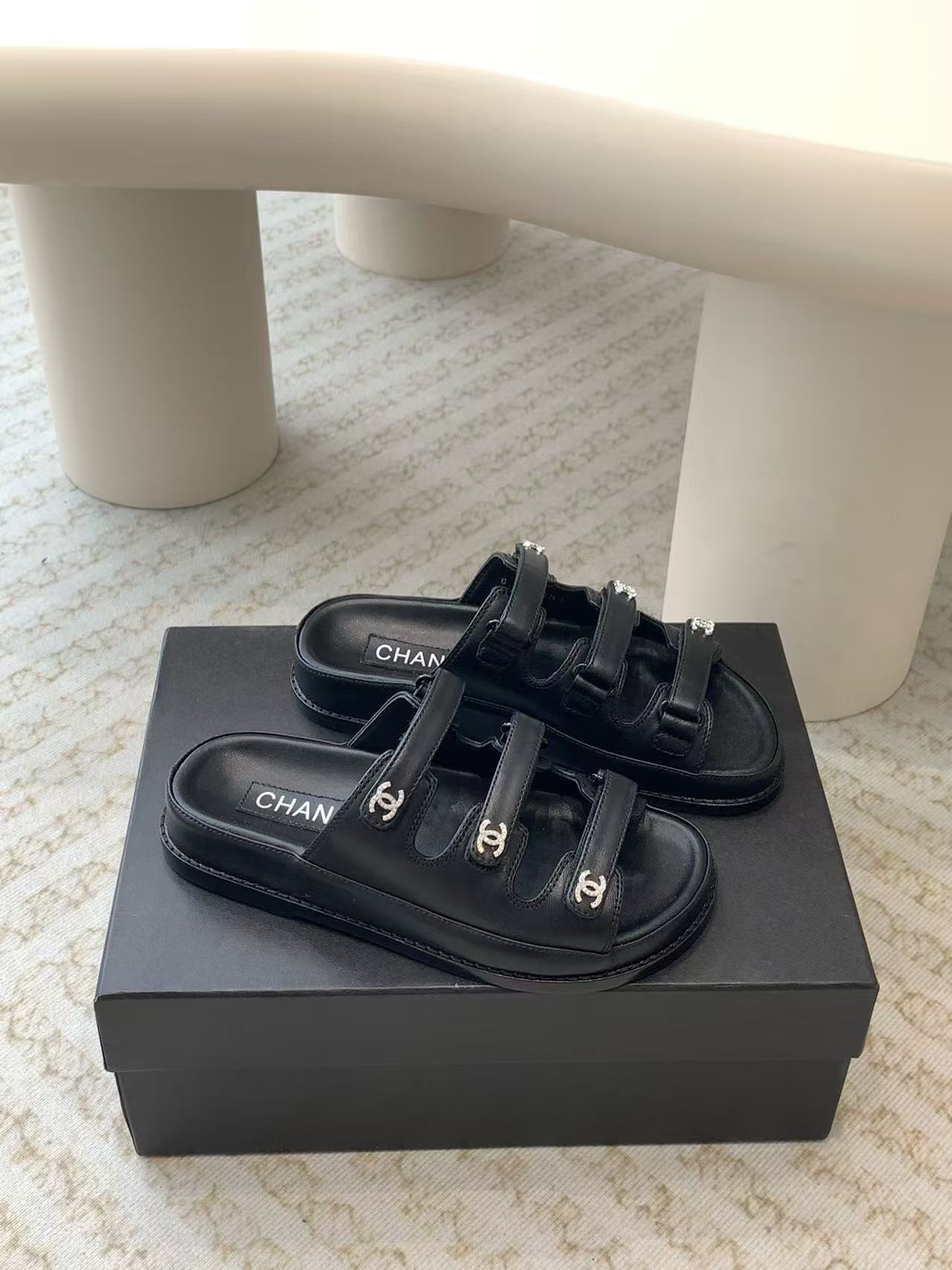 Chanel CC Crystal Leather Triple Strap Slides Sandals In Dubai