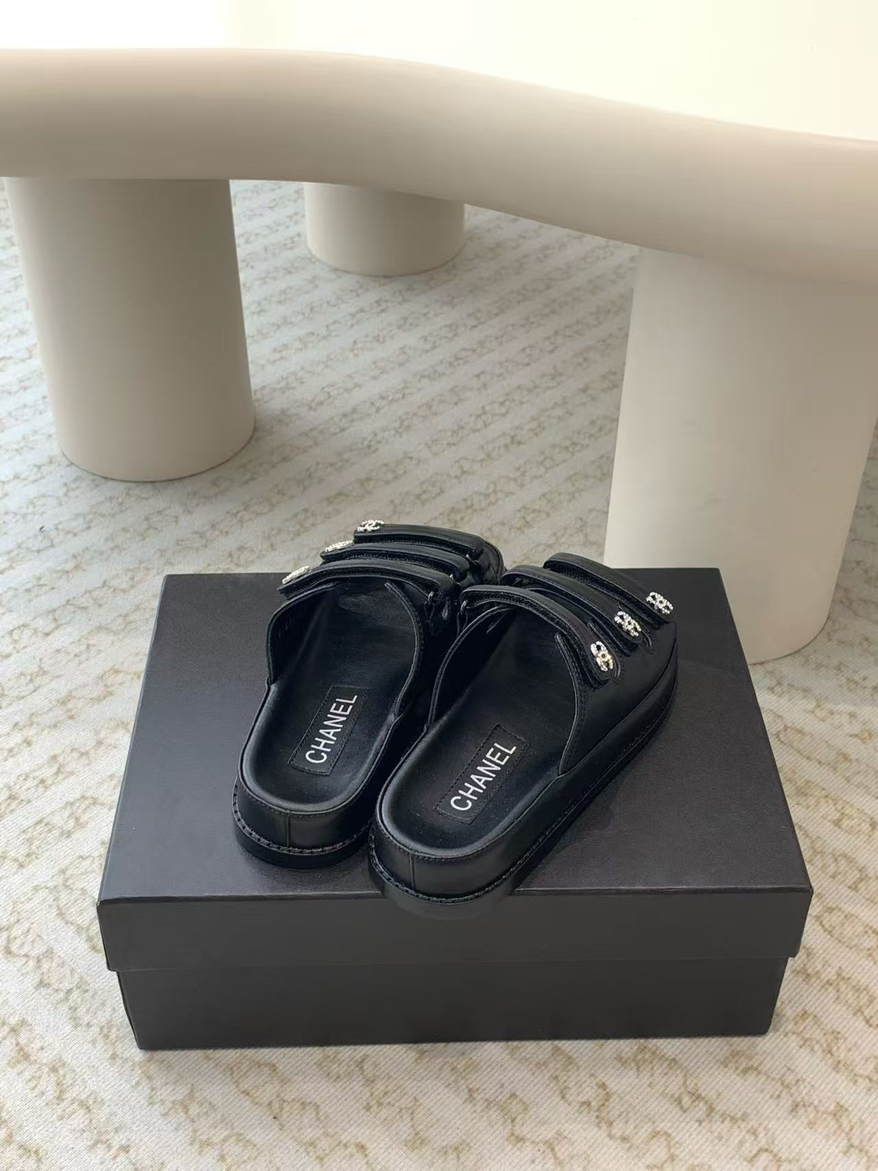 Chanel CC Crystal Leather Triple Strap Slides Sandals In Dubai
