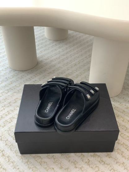 Chanel CC Crystal Leather Triple Strap Slides Sandals In Dubai