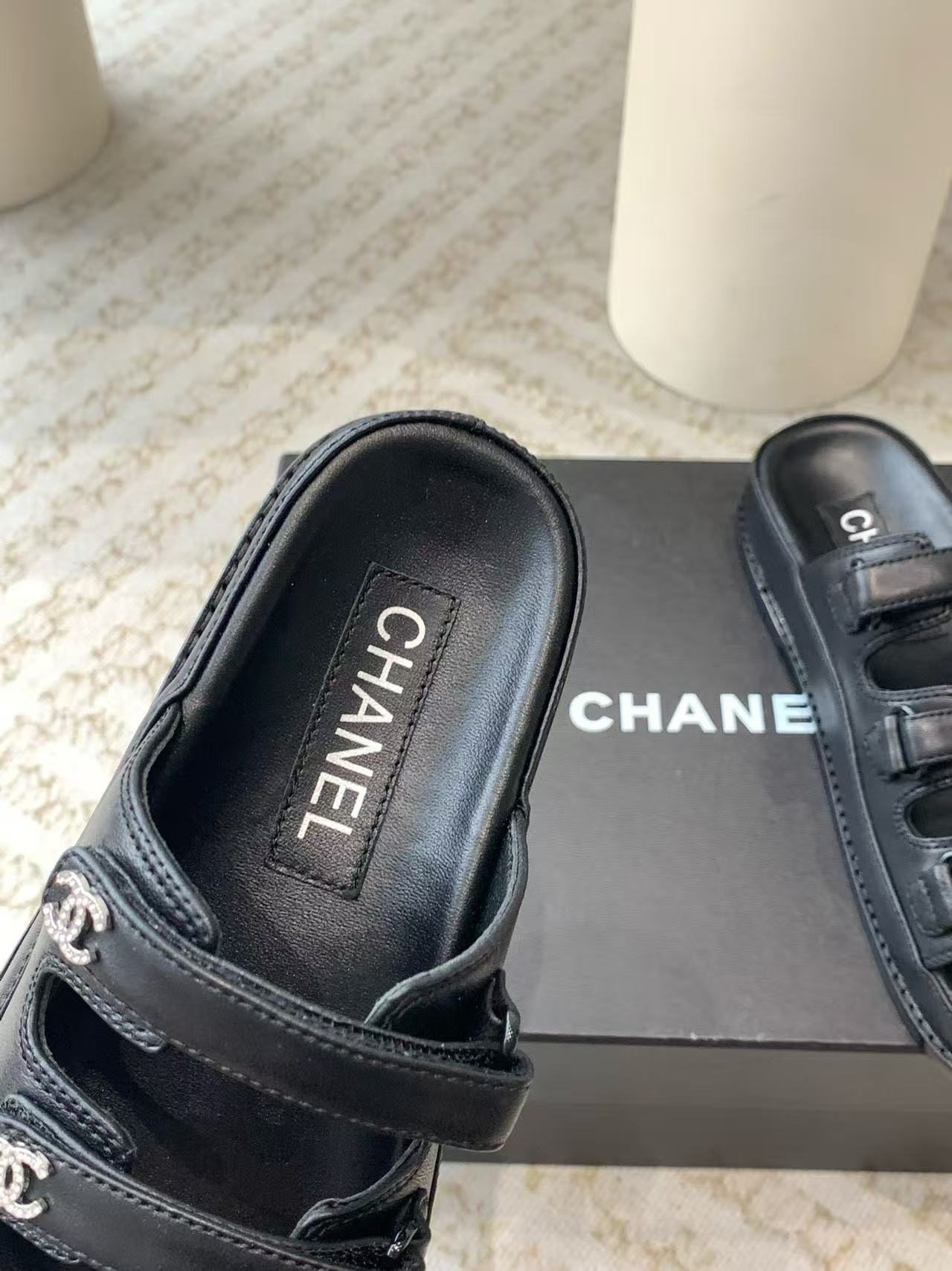 Chanel CC Crystal Leather Triple Strap Slides Sandals In Dubai