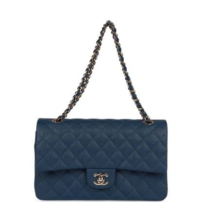 Medium Classic Double Flap Bag Blue Caviar Light Gold Hardware