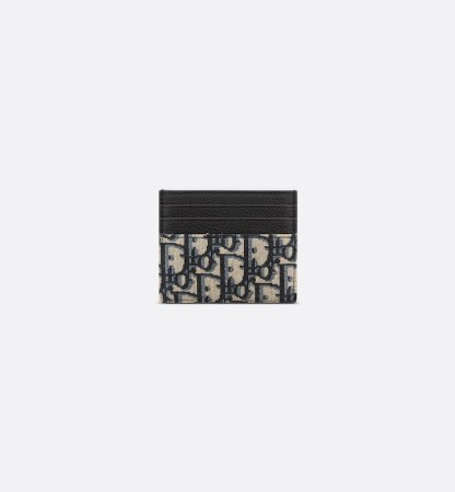 Card Holder Beige and Black Oblique Jacquard with Black Grained Calfskin
