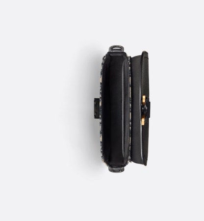 Mini Saddle Messenger Bag with Flap Beige and Black Oblique Jacquard with Black Grained Calfskin