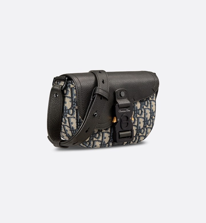 Mini Saddle Messenger Bag with Flap Beige and Black Oblique Jacquard with Black Grained Calfskin