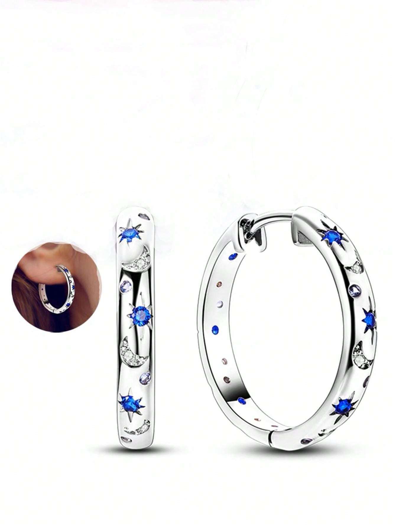 1pair Luxurious Copper Inlaid Multi-color Star, Moon & Round Shaped Hoop Earrings