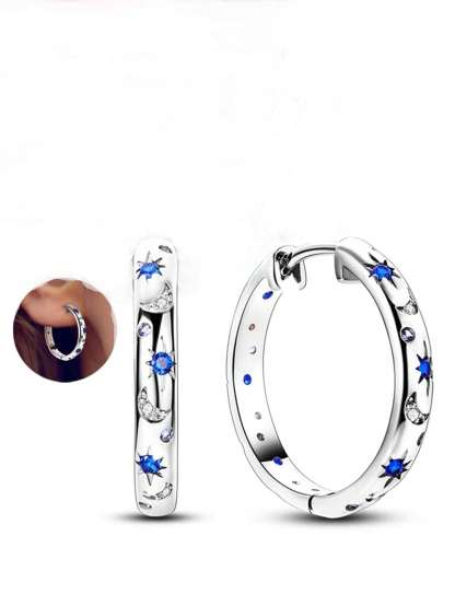 1pair Luxurious Copper Inlaid Multi-color Star, Moon & Round Shaped Hoop Earrings