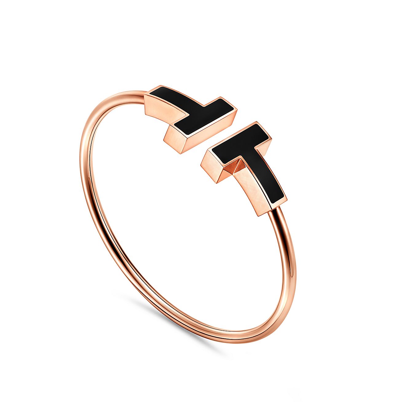 T Wide Black Onyx Wire Bracelet in 18k Rose Gold
