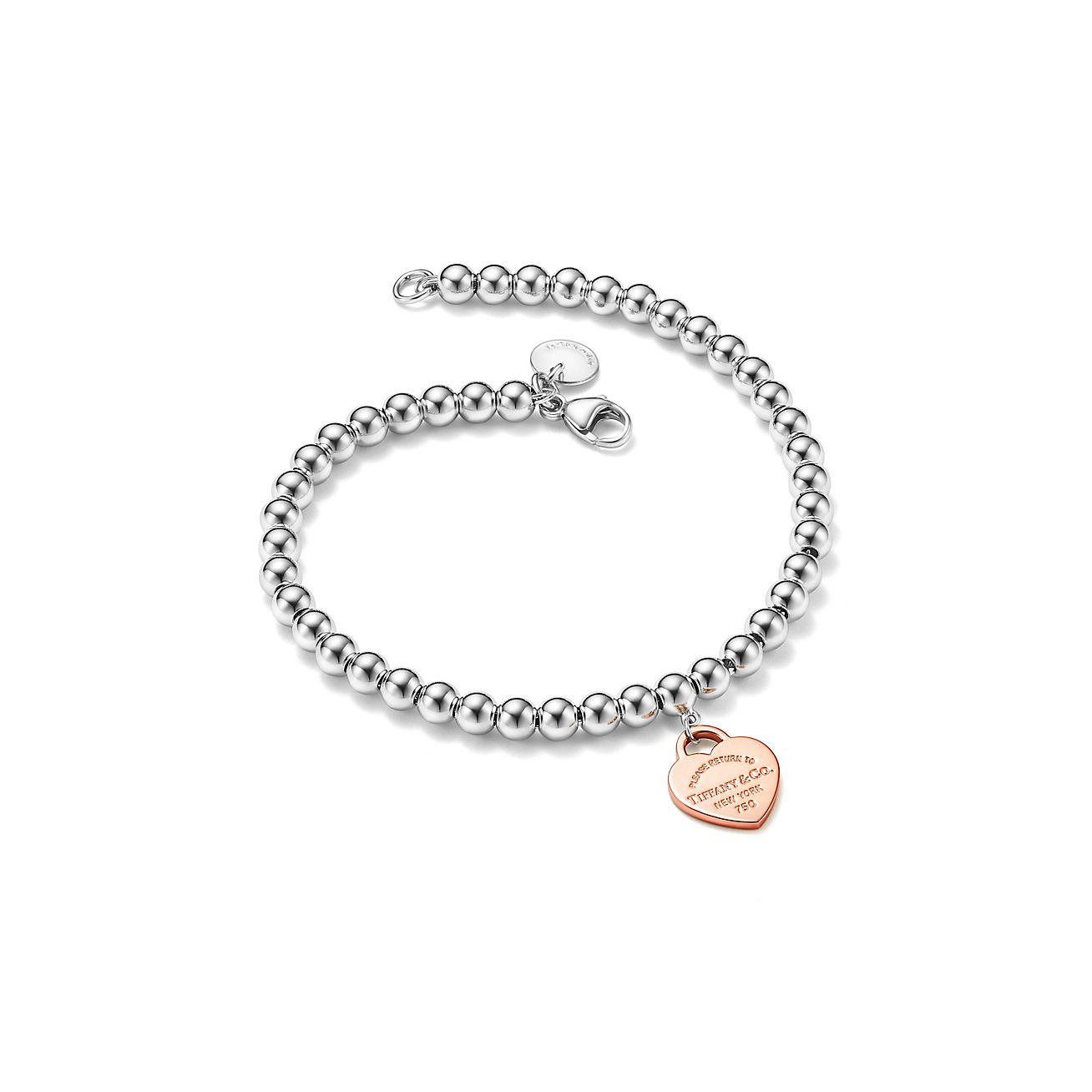 Return to 庐 Heart Tag Bead Bracelet in Sterling Silver and Rose Gold, 4 mm