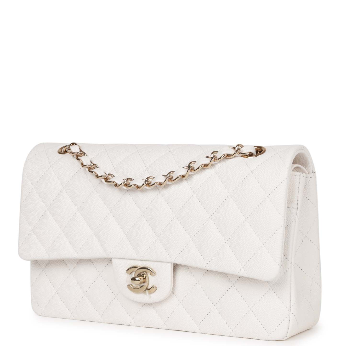 Medium Classic Double Flap Bag White Caviar Light Gold Hardware