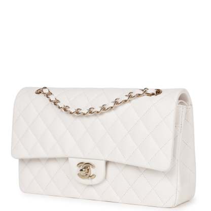 Medium Classic Double Flap Bag White Caviar Light Gold Hardware