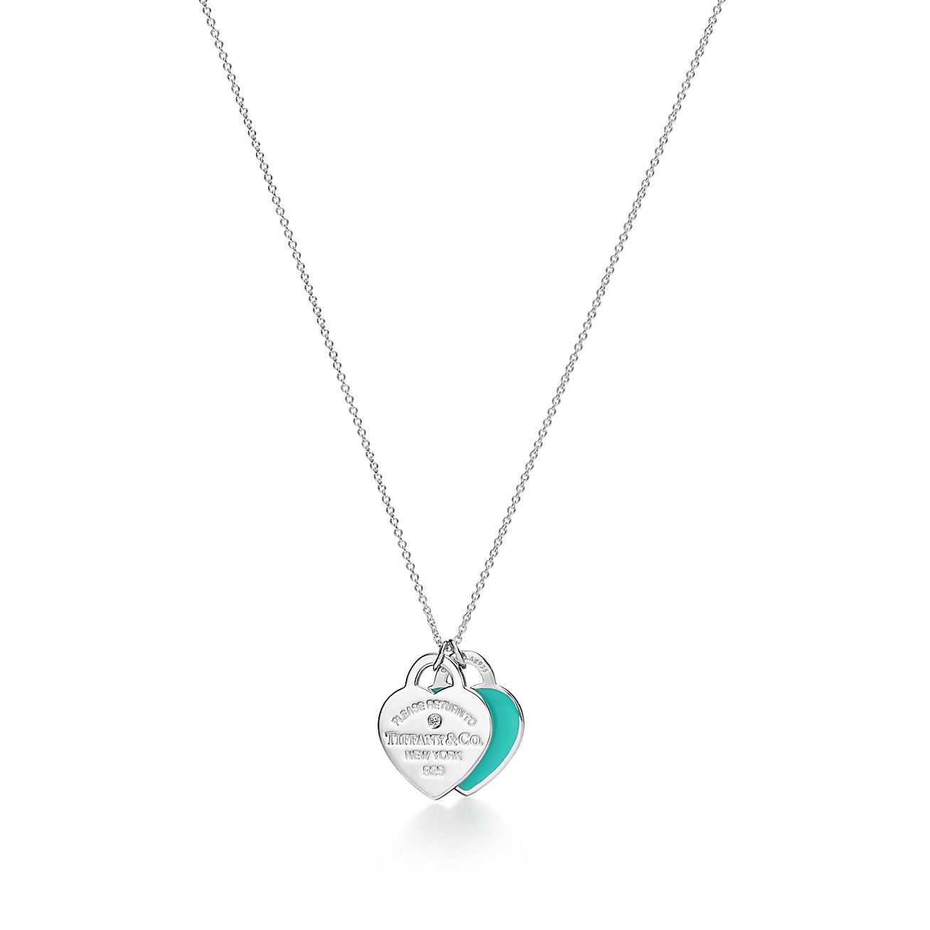 Return to 庐 Blue Double Heart Tag Pendant in Silver with a Diamond, Small