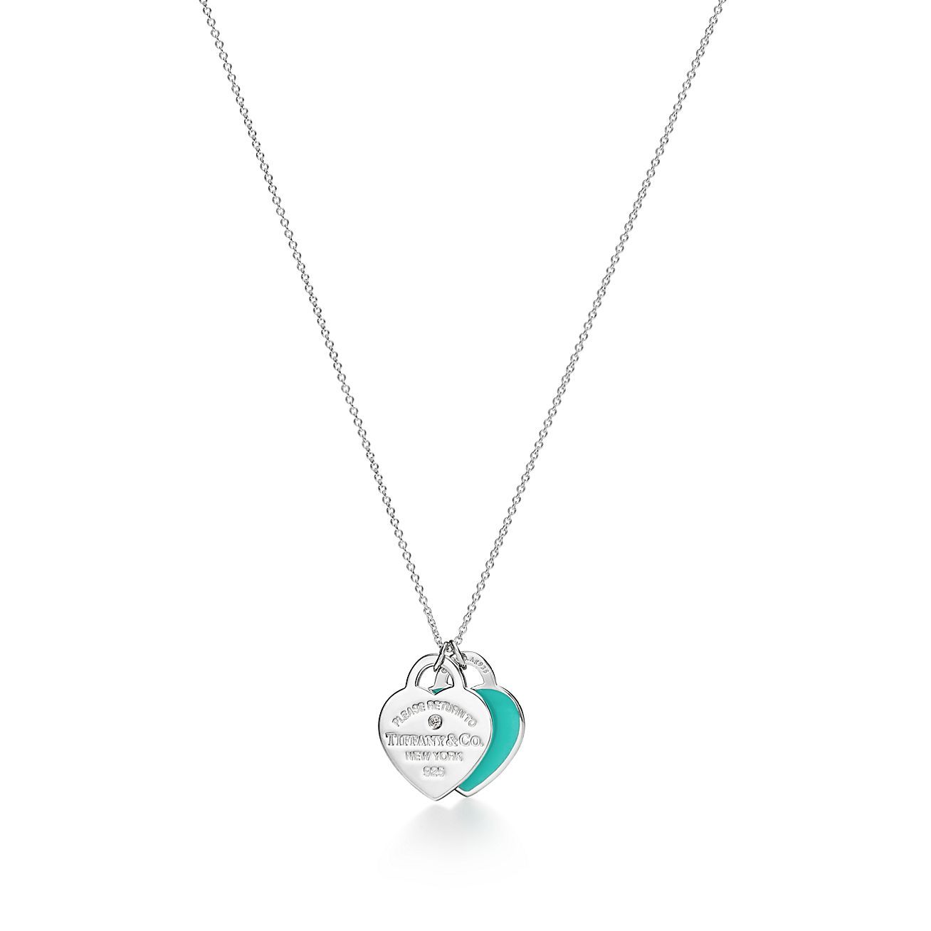 Return to 庐 Blue Double Heart Tag Pendant in Silver with a Diamond, Small