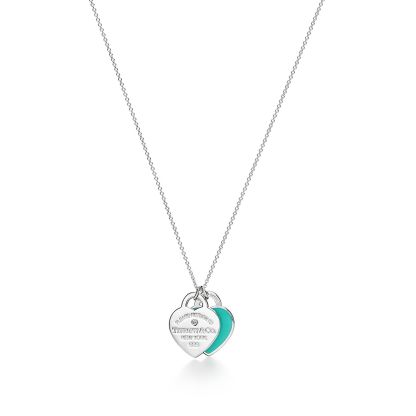Return to 庐 Blue Double Heart Tag Pendant in Silver with a Diamond, Small