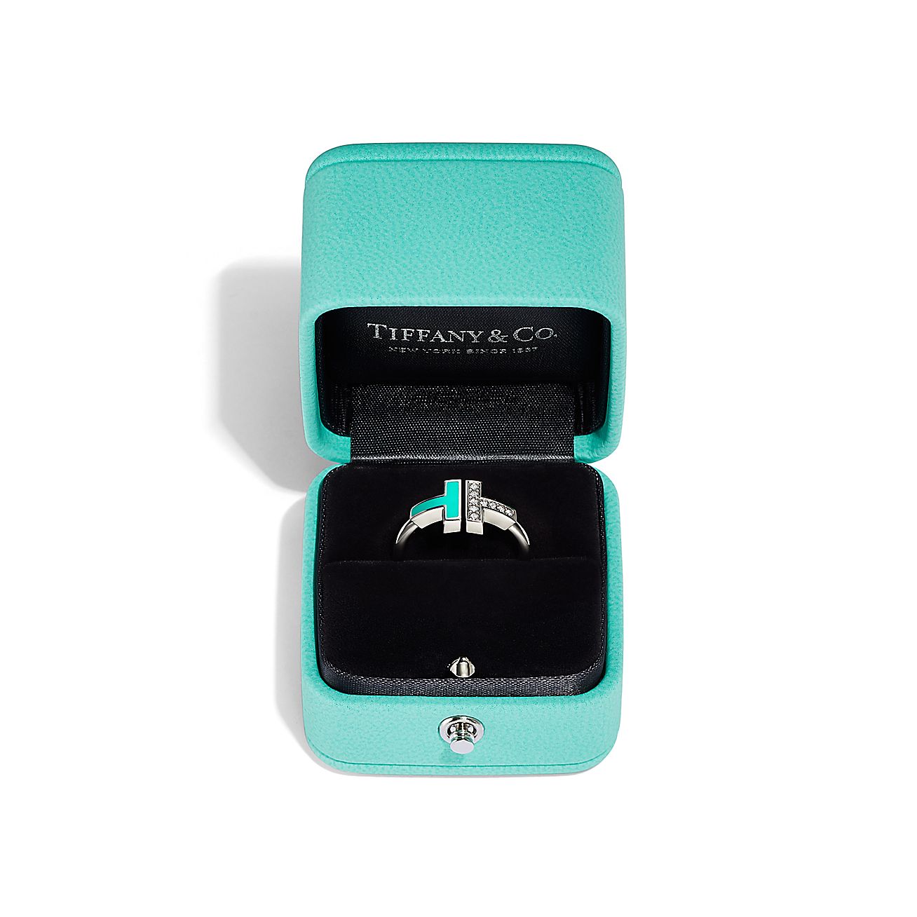 T Diamond and Turquoise Wire Ring in 18k White Gold