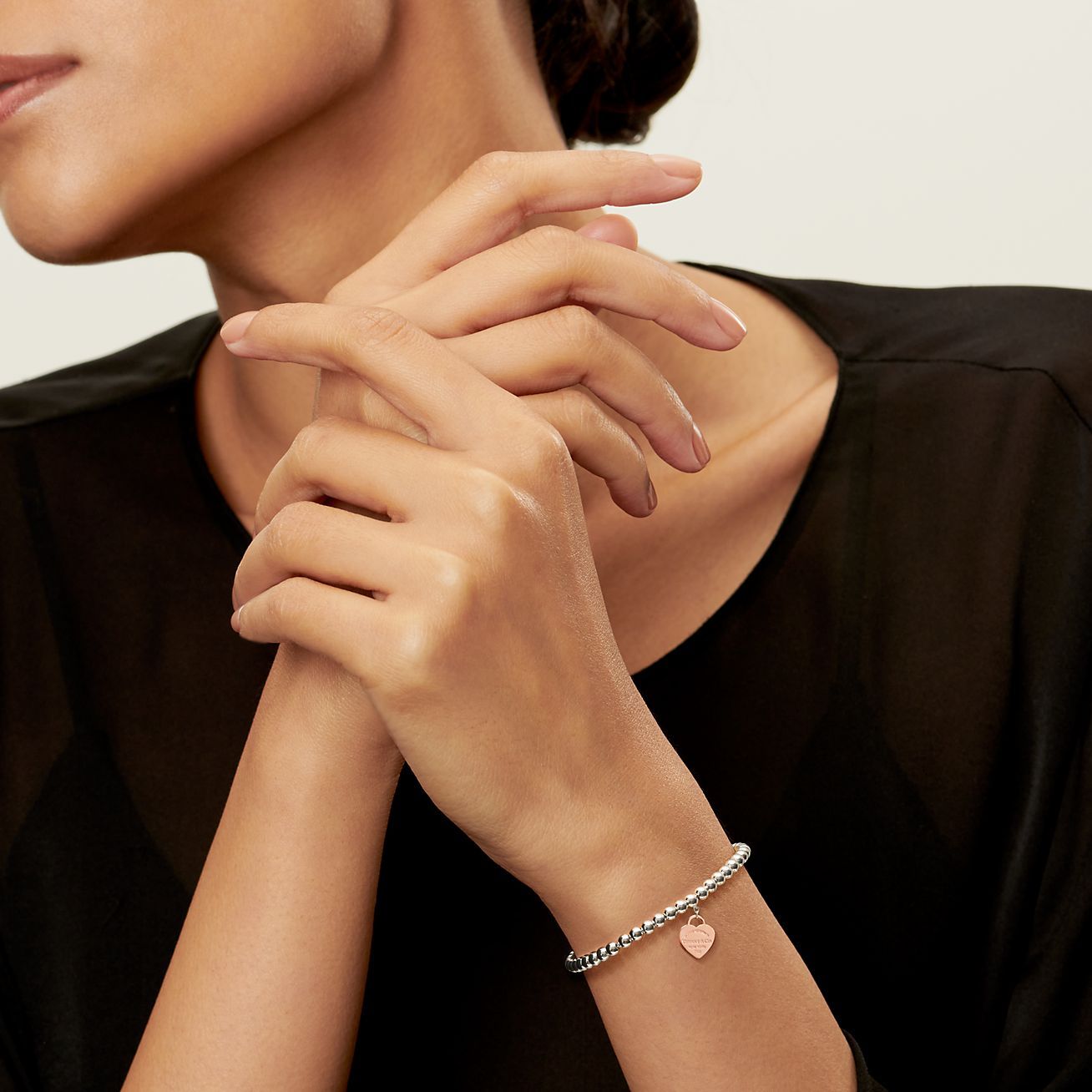 Return to 庐 Heart Tag Bead Bracelet in Sterling Silver and Rose Gold, 4 mm