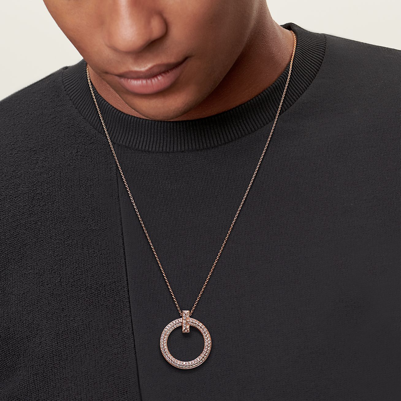 T T1 Circle Pendant in 18k Rose Gold with Diamonds, Large