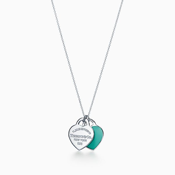 Return to 庐 Blue Double Heart Tag Pendant in Silver with a Diamond, Small