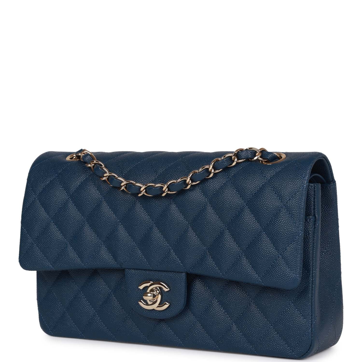 Medium Classic Double Flap Bag Blue Caviar Light Gold Hardware