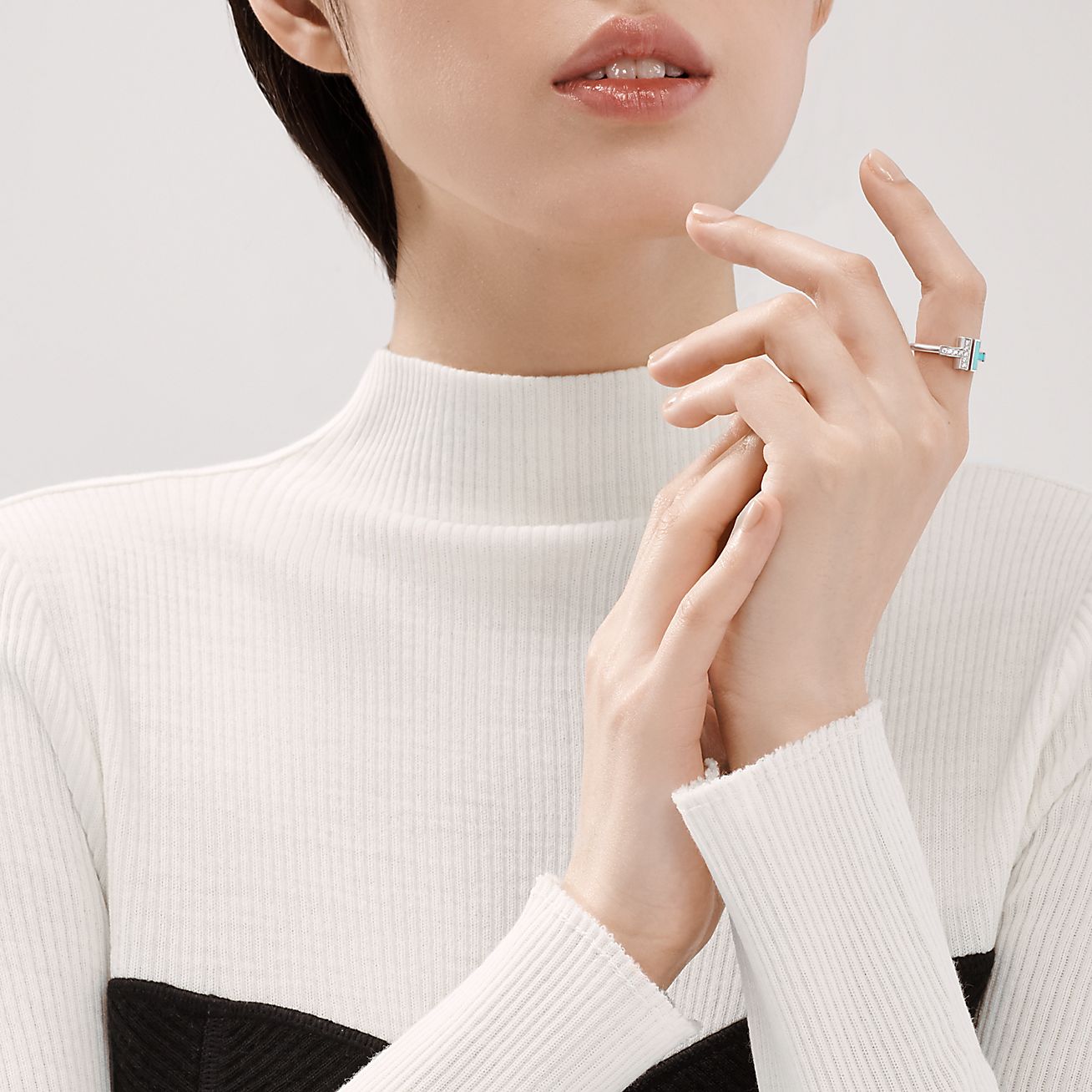 T Diamond and Turquoise Wire Ring in 18k White Gold