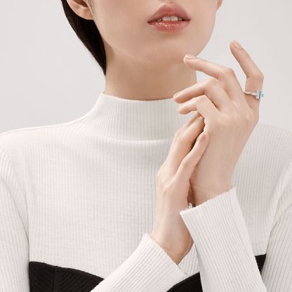 T Diamond and Turquoise Wire Ring in 18k White Gold