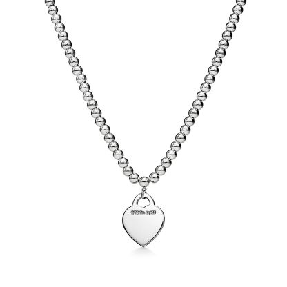Return to 庐 Heart Tag Bead Necklace in Silver with a Diamond, Small