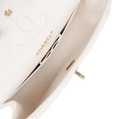 Small Classic Double Flap Bag White Caviar Light Gold Hardware
