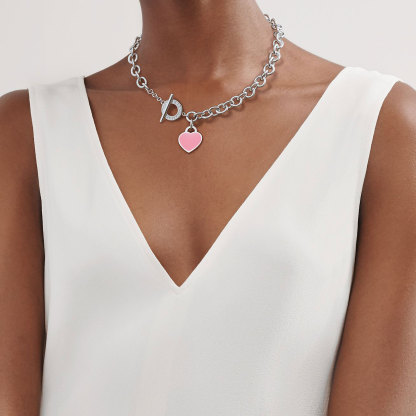 Return to 庐 Heart Tag Toggle Pink Necklace in Silver