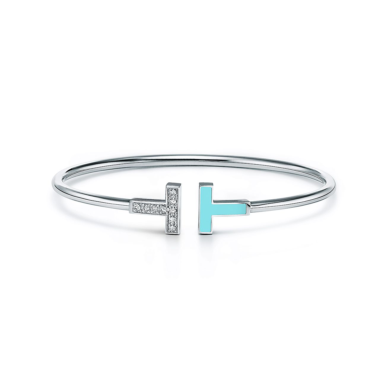 T Diamond and Turquoise Wire Bracelet in 18k White Gold