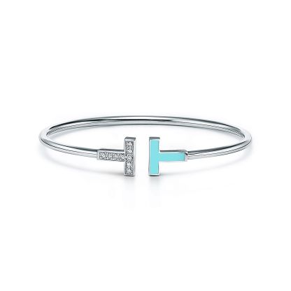 T Diamond and Turquoise Wire Bracelet in 18k White Gold