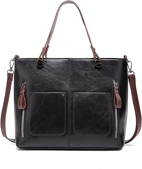 Ladies Retro Waxed PU Leather Double Pocket Handbag One Shoulder Diago