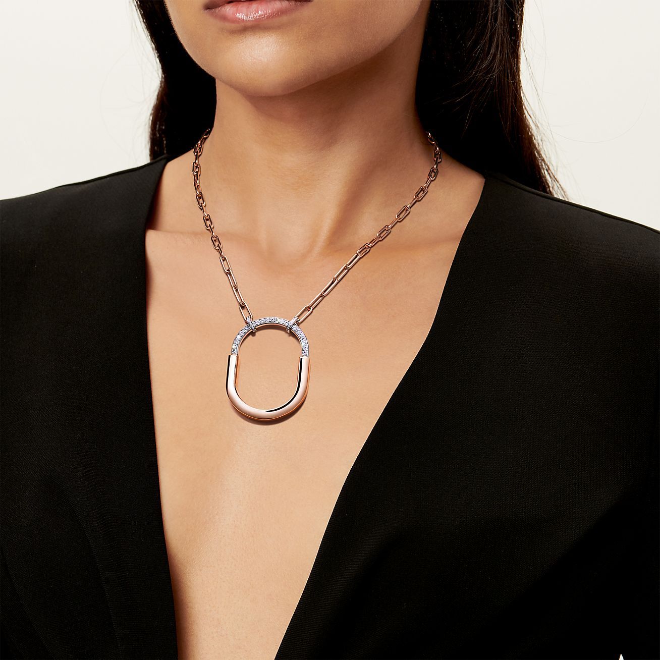 Lock Pendant in Rose and White Gold with Diamonds, Extra Large