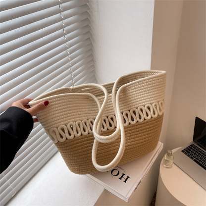 Women Crochet Shoulder Bag, Contrast Color/Dot Straw Woven Tote Bag for Daily Life, Beach, Travel, Outing