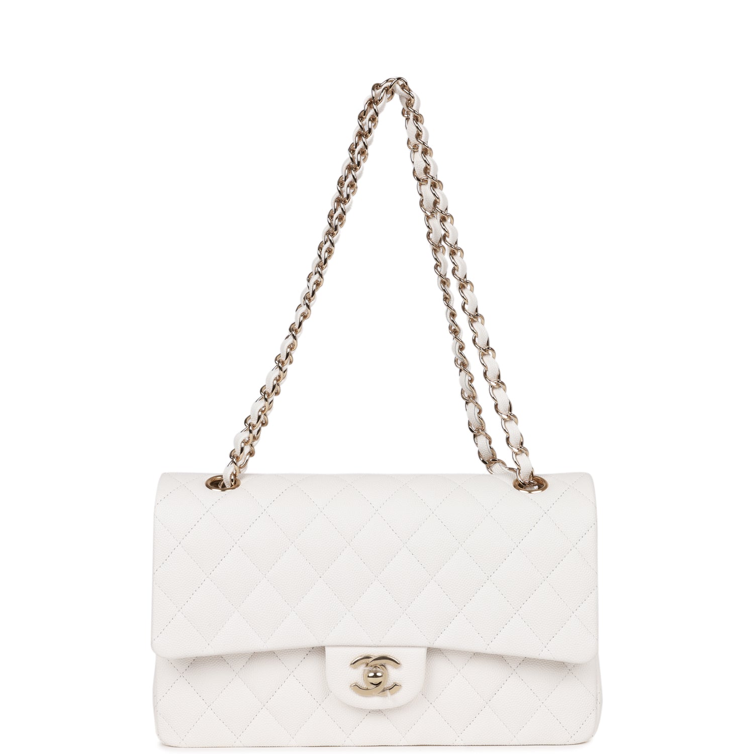 Medium Classic Double Flap Bag White Caviar Light Gold Hardware