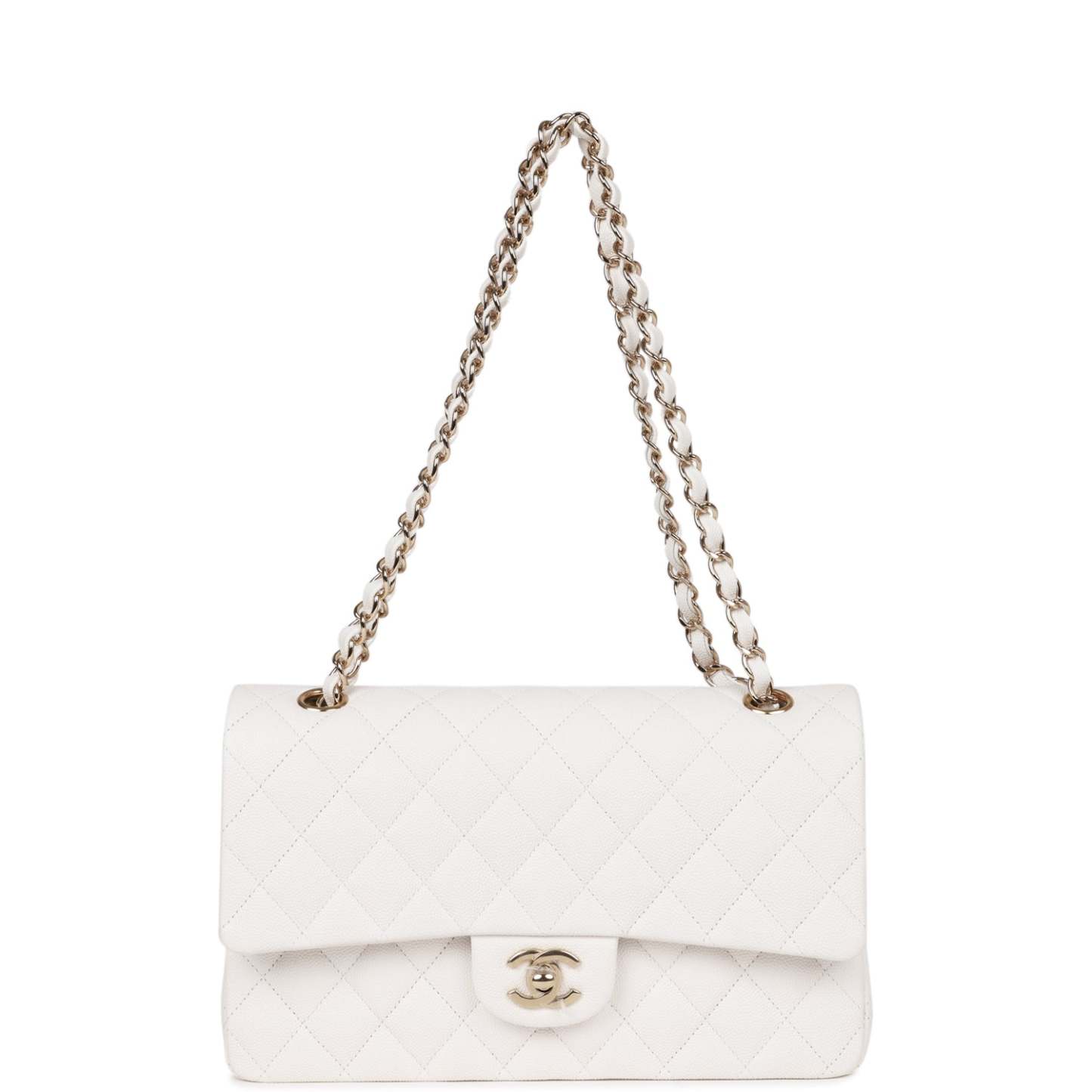 Medium Classic Double Flap Bag White Caviar Light Gold Hardware