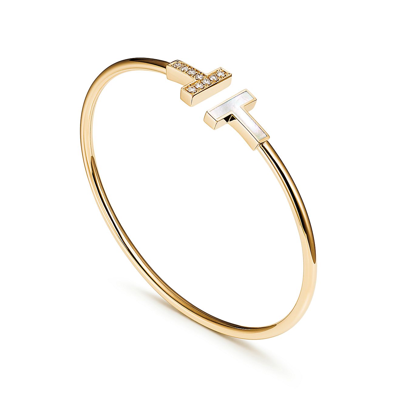 T Wire Bracelet in Yellow Gold with Mother-of-pearl and Diamonds