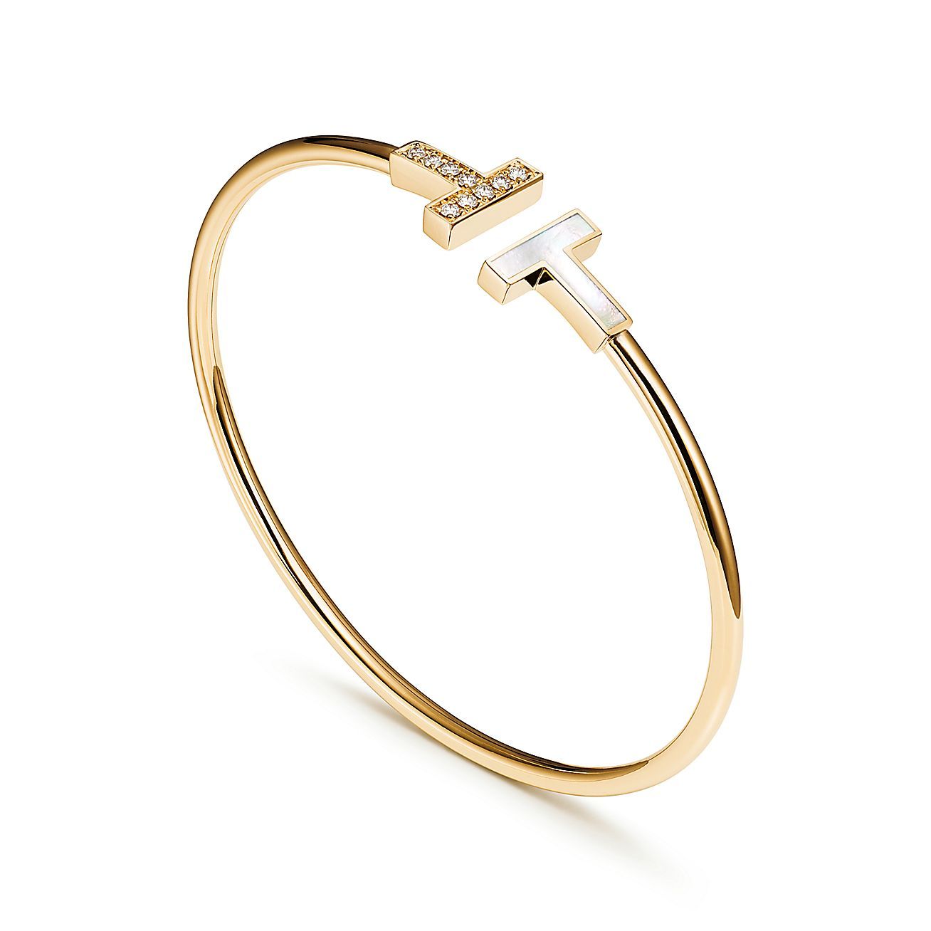 T Wire Bracelet in Yellow Gold with Mother-of-pearl and Diamonds