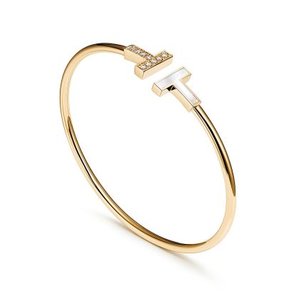 T Wire Bracelet in Yellow Gold with Mother-of-pearl and Diamonds