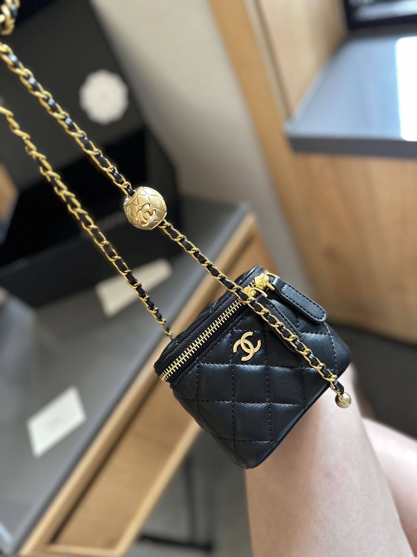 Pearl Crush Vanity Case with Chain Quilted Lambskin Mini
